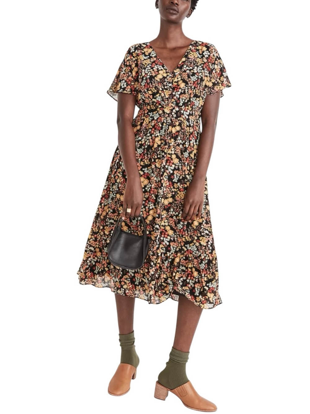 Madewell Dolman-Sleeve Ruffle-Hem Midi Dress in Flower Garden Sz 2
